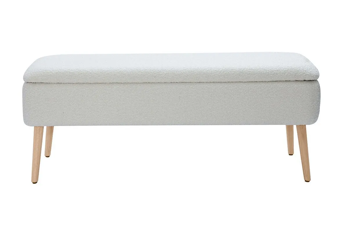 Banc coffre effet laine bouclée blanc et bois clair massif L120 cm LARS