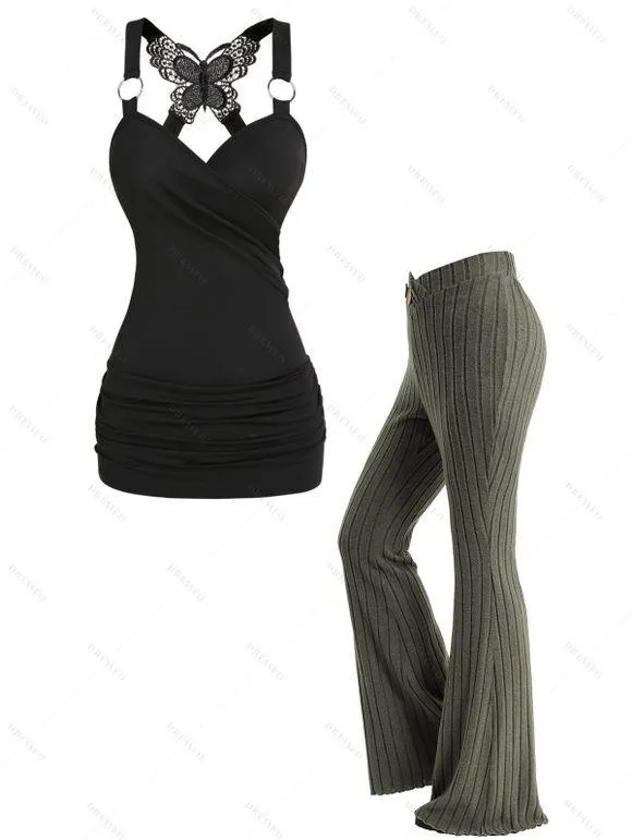 Haut Court Croisé Rayé Superposé avec Bouton en Dentelle