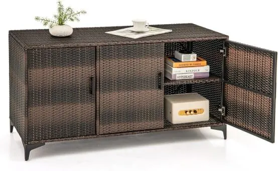 COSTWAY Coffre de Rangement en Résine Tressée pour Patio 318 L, Boîte de Rangement avec 3 Portes Étagères Amovibles Grand Bac Étanche, Marron