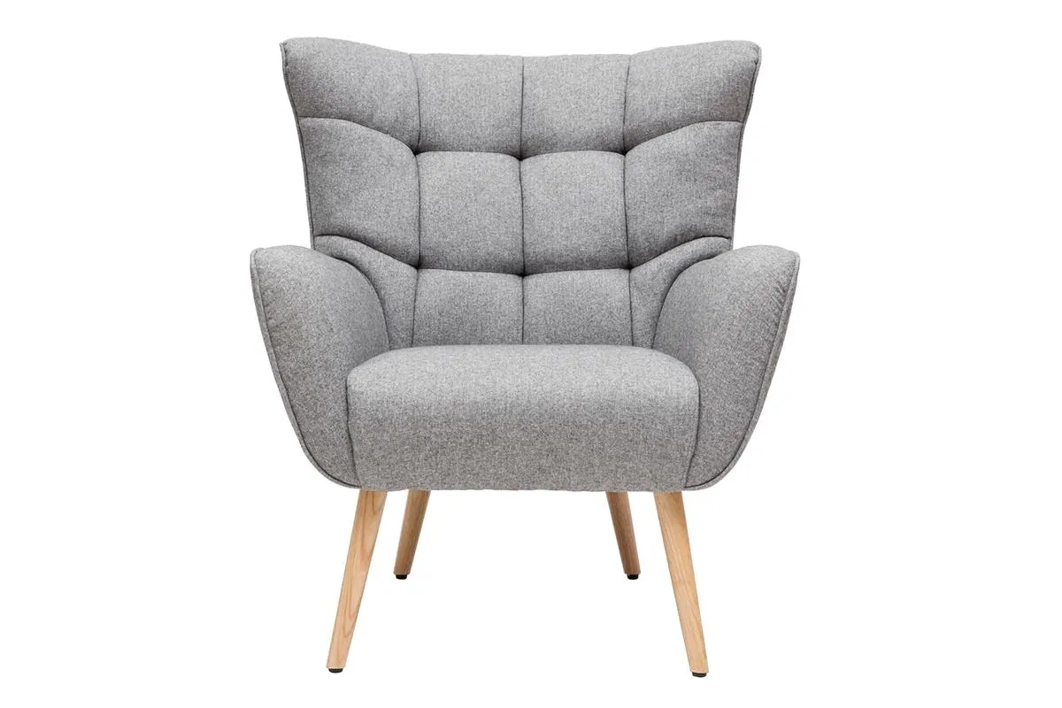 Fauteuil scandinave en tissu gris clair et bois clair AVERY