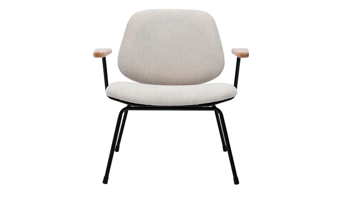 Fauteuil design en tissu effet velours beige, métal noir et bois clair BARNET