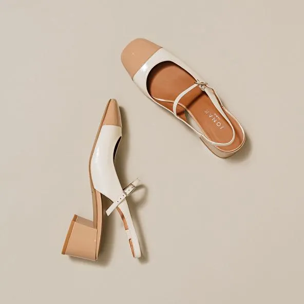 Salomés slingback à bouts carrés en vernis beige et écru