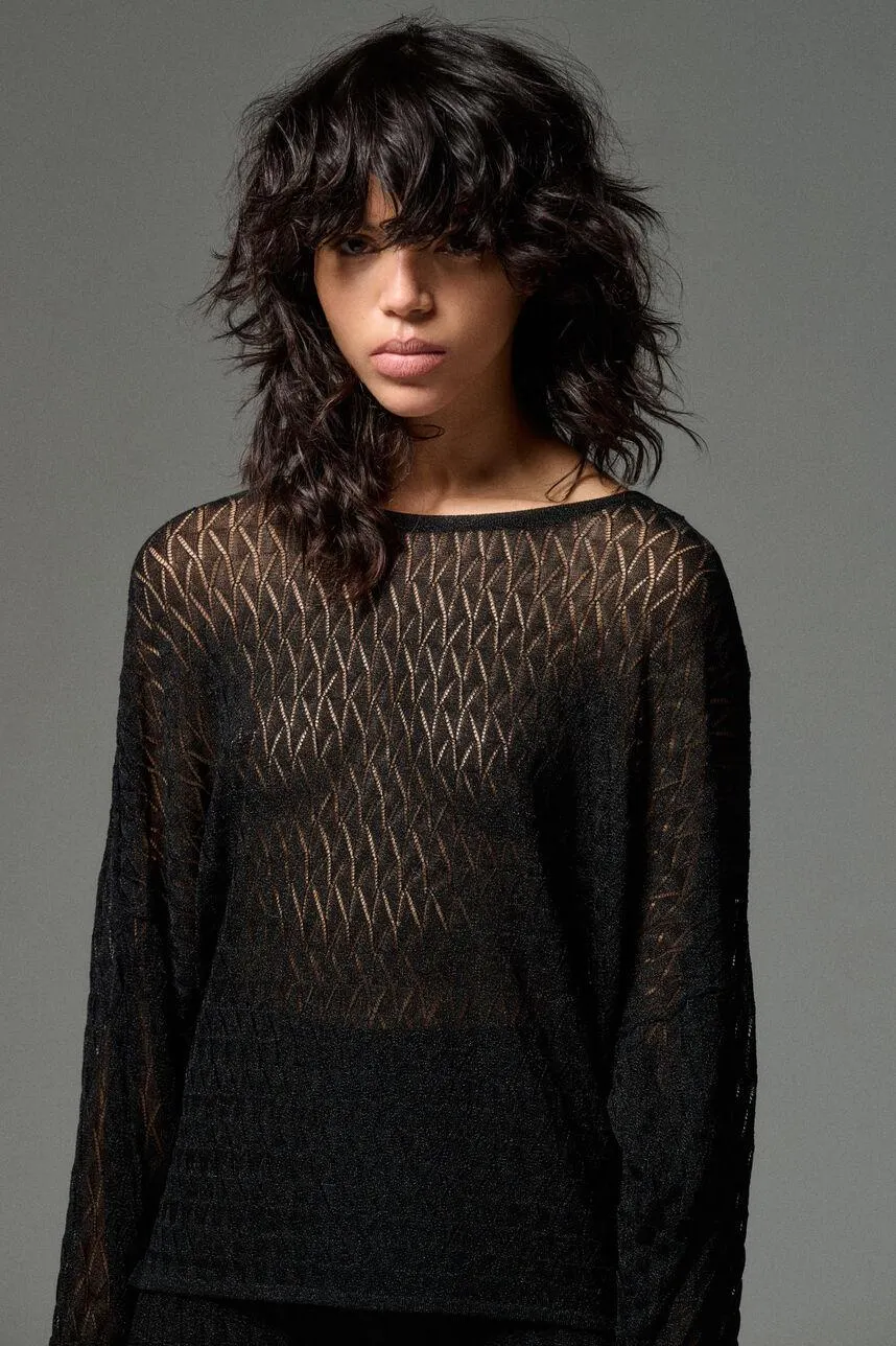 Top oversize en maille tricot lurex ajourée PALERME SILVER