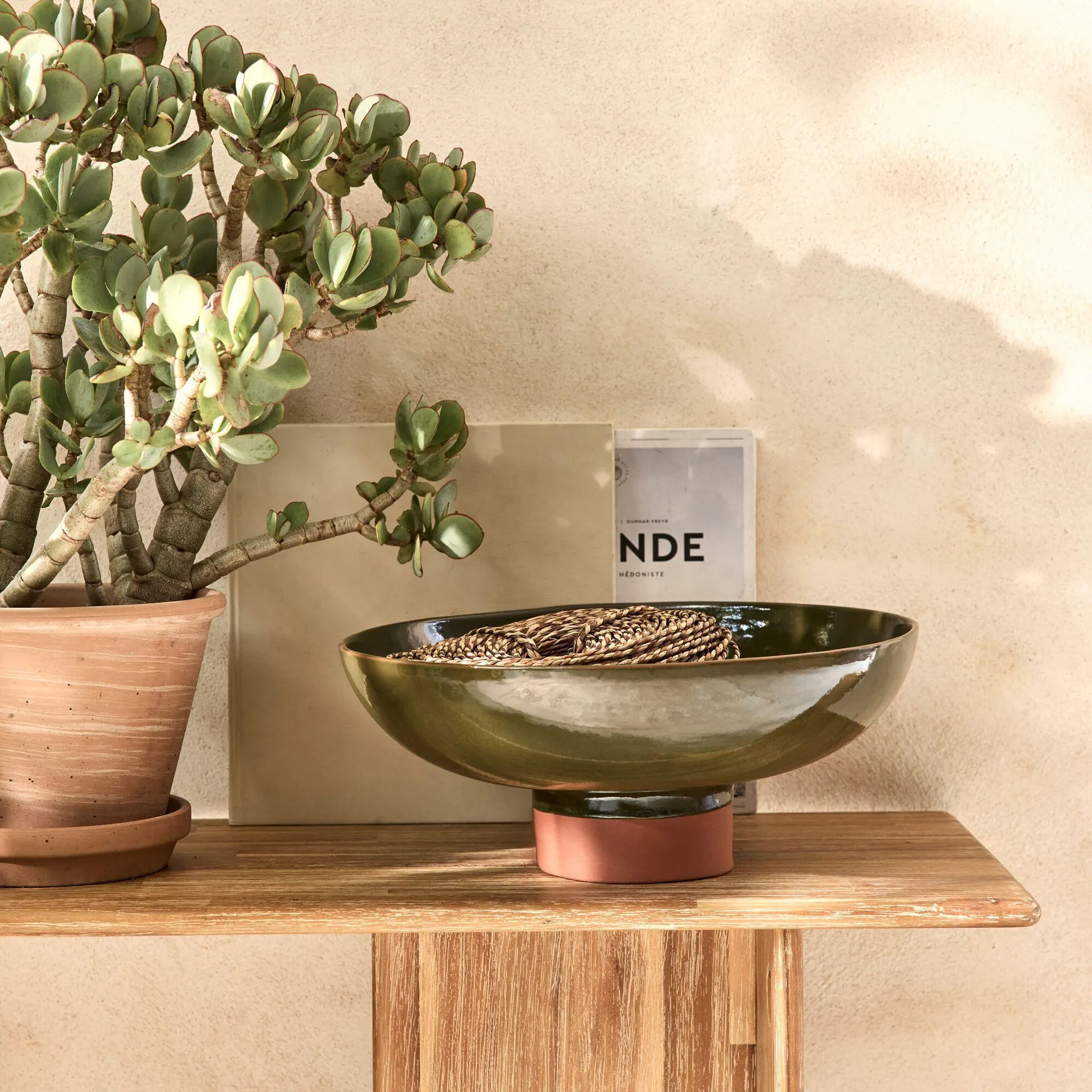 Coupe décorative bicolore en terre cuite H15,5cm - vert