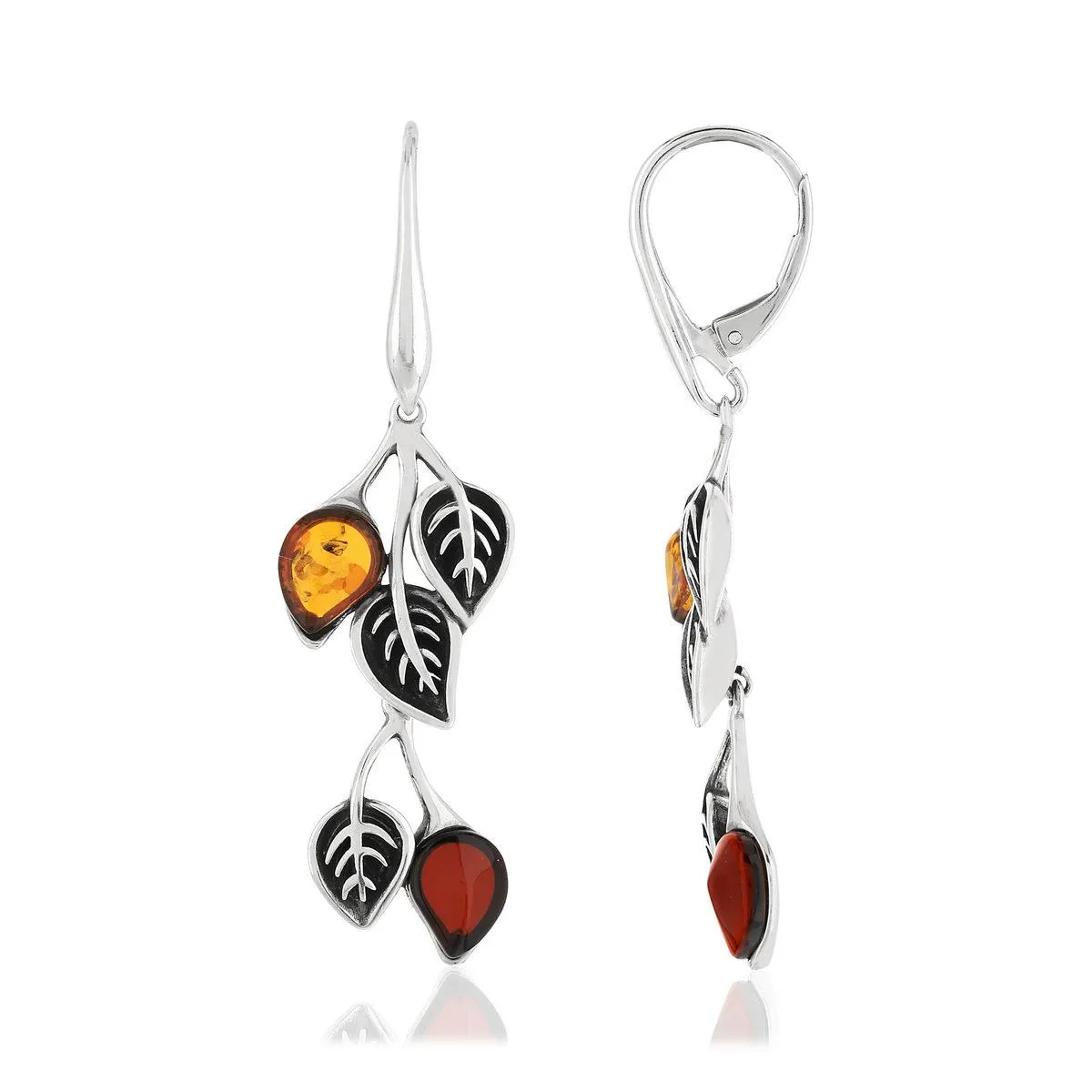 Boucles d'oreilles argent 925 pendants feuilles ambre