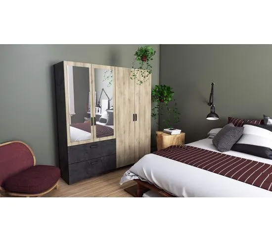Armoire 4 portes 2 tiroirs L.179 cm READY imitation chêne kronberg et ardoise