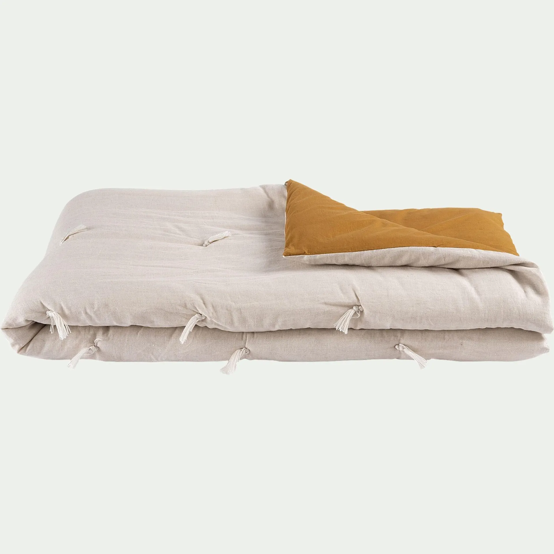 Édredon en lin et coton 100x180cm piquage pompons double faces - jaune alep