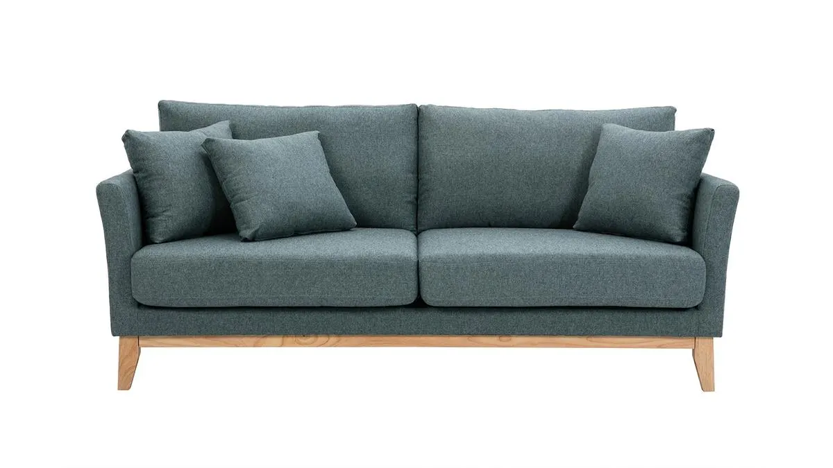 Canapé scandinave déhoussable 3 places en tissu vert de gris et bois clair OSLO