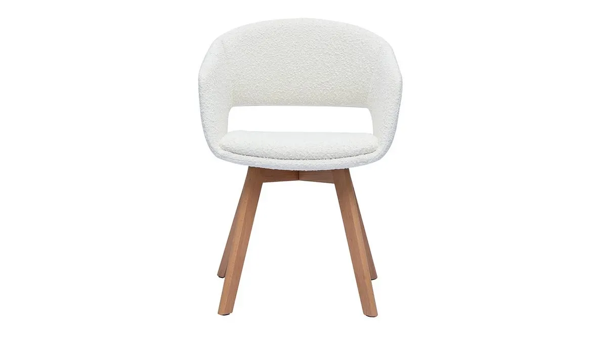 Chaise scandinave en tissu effet laine bouclée blanc et bois clair massif PRISMA