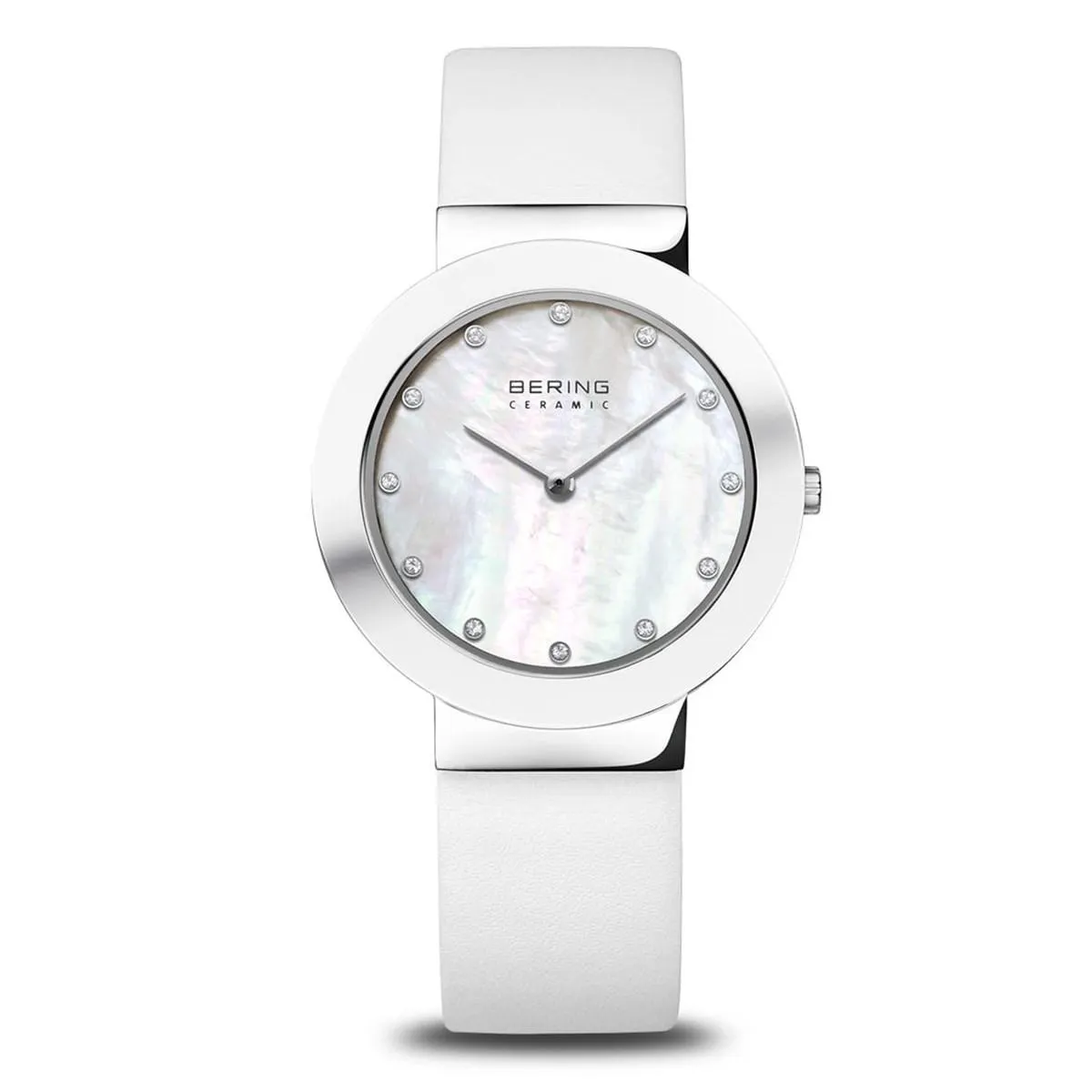 Montre femme Bering lunette céramique cuir blanc