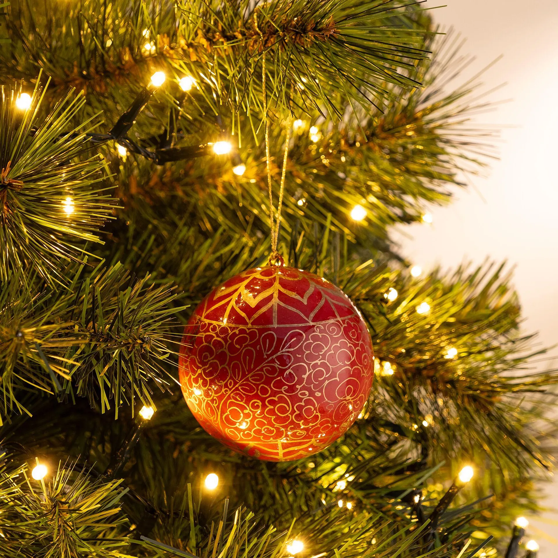 Boule de Noël à motif en papier mâché peinte à la main D7cm - rouge