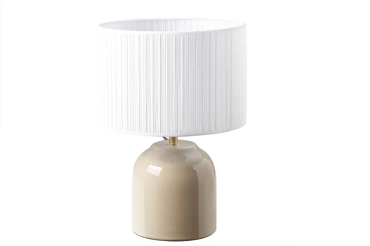 Lampe à poser taupe en céramique brillante et abat-jour en tissu plissé blanc H35 cm PIEGA