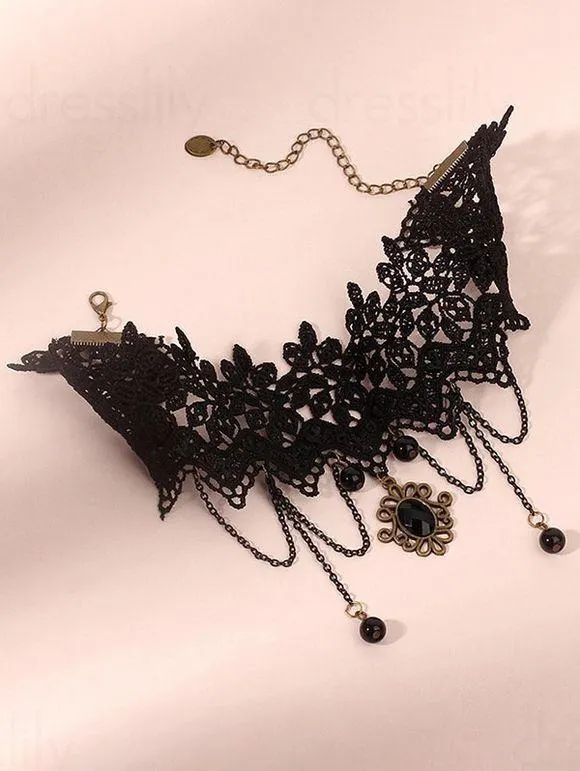 Collier Ras du Cou Gothique Perlé en Dentelle à Frange