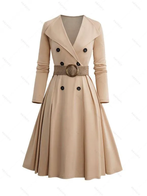 Robe Chemise Mi-Longue Ceinturée Anneau en O à Taille Haute