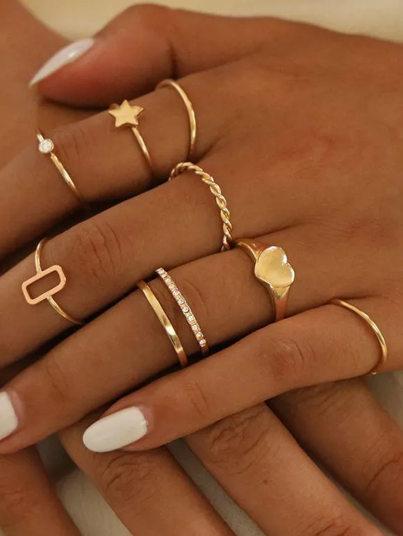 8 Pièces Ensemble de Bagues Tendances Motif Cœur Etoile et Strass