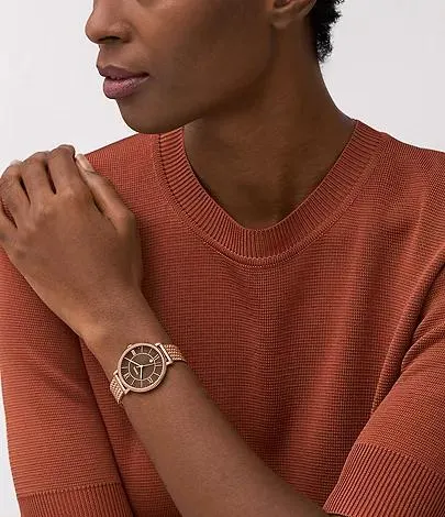 Montre Jacqueline à trois aiguilles avec date, en maille milanaise inoxydable, doré rose