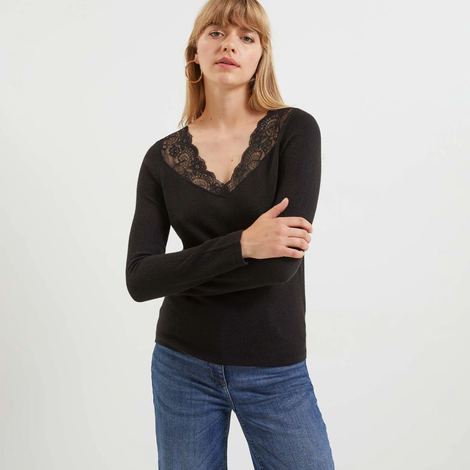 Pull col V dentelle femme