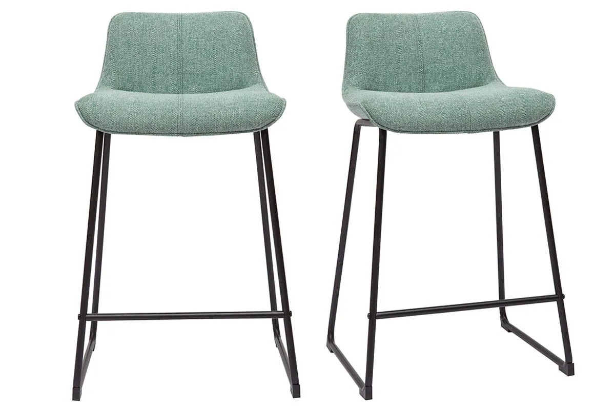 Tabourets de bar en tissu effet velours texturé vert céladon et métal noir H65 cm (lot de 2) BOOST