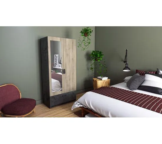 Armoire 2 portes 1 tiroir L.89 cm READY imitation chêne kronberg et ardoise