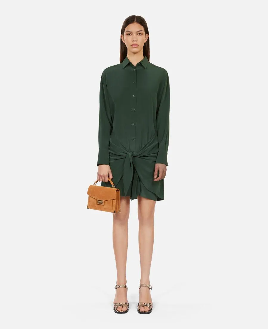 Robe chemise courte en soie avec nœud verte