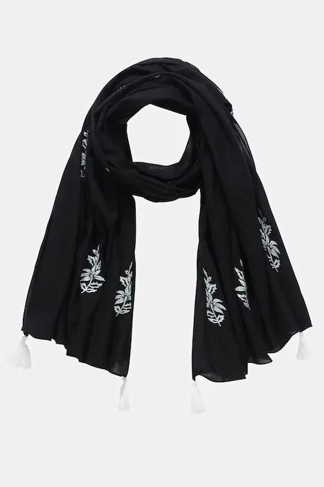 Écharpe, broderie florale, longs pompons décoratifs