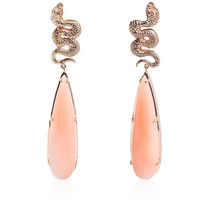 Gold Earrings with Snakes and Pink Opale