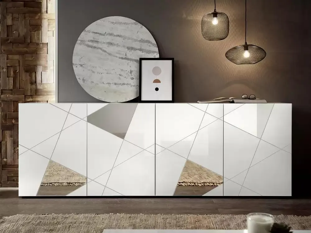 Bahut 4 portes Victoria laqué blanc brillant avec miroir