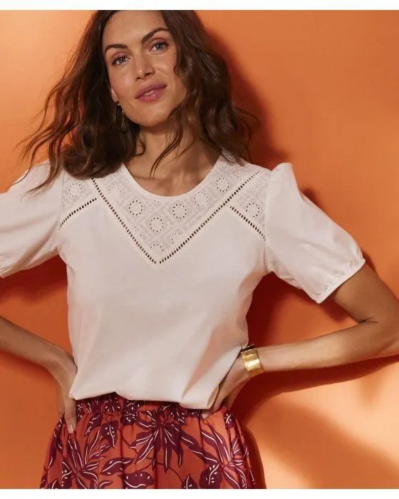 T-shirt empiècement broderie anglaise