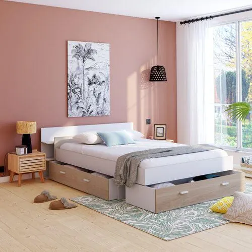 Lit 140x190 cm avec rangements TONIGHT blanc et imitation chêne