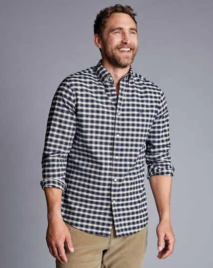 Button-Down Collar Brushed Washed Oxford Grid Check Shirt - Navy