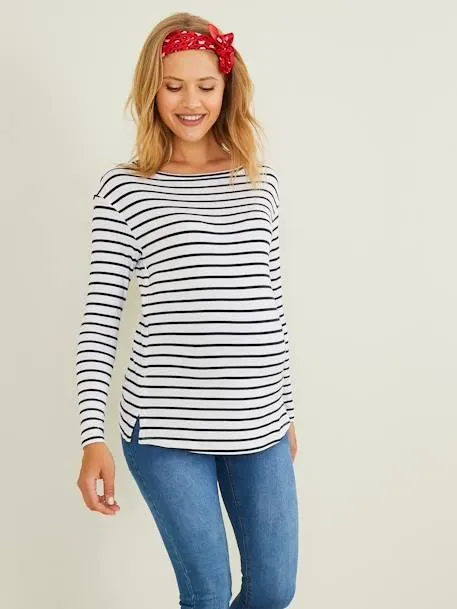 T-shirt marinière de grossesse et d'allaitement - blanc clair rayé marine