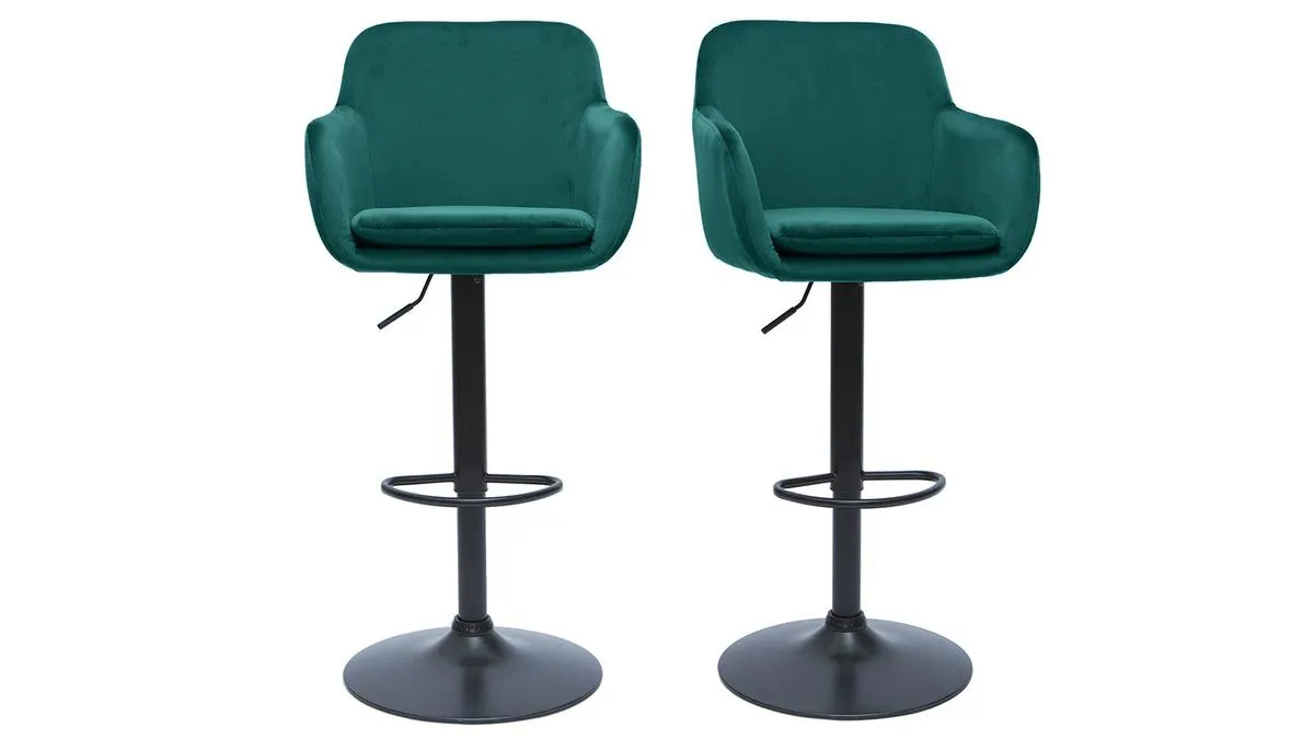 Tabourets de bar réglables en tissu velours bleu pétrole et métal noir (lot de 2) AMIKA