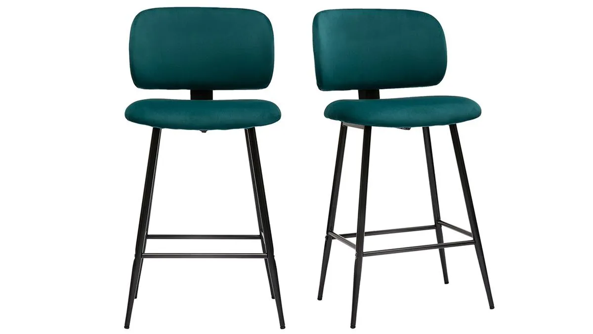 Tabourets de bar en tissu velours bleu pétrole et métal noir H70 cm (lot de 2) ATRIUM