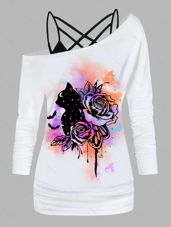 Ensemble de T-shirt à Imprimé Rose à Manches Longues à Col Oblique et de Camisole Ruché en Treillis