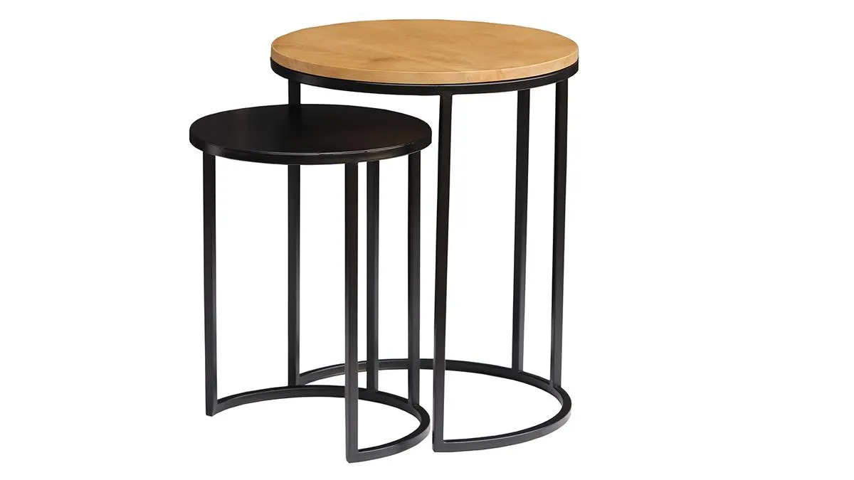 Tables d'appoint gigognes en bois manguier massif et métal noir TAHL