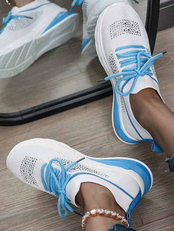 Colorblock Rhinestone Lace Up Casual Shoes