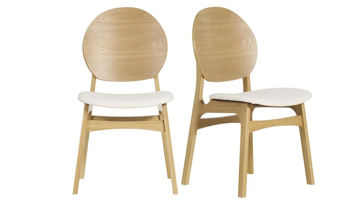 Chaises scandinaves en bois clair et tissu effet laine bouclée blanc (lot de 2) ELTON