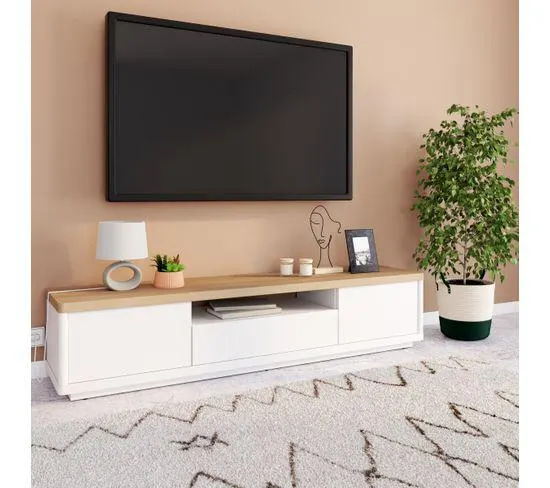 Meuble TV MYSEN imitation chêne et blanc