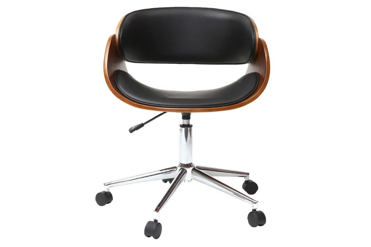 Chaise de bureau à roulettes design noir, bois foncé noyer et acier chromé BENT