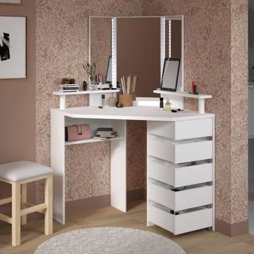 Coiffeuse d'angle JOLY avec LED et multi rangements Blanc