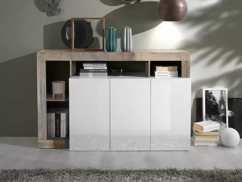 Bahut 3 portes Fribourg laqué blanc/vintage