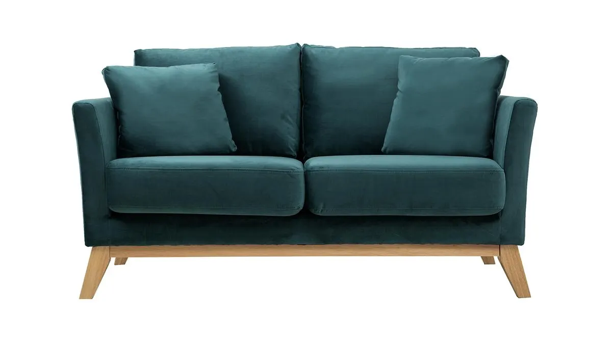 Canapé scandinave déhoussable 2 places en tissu velours bleu pétrole et bois clair OSLO