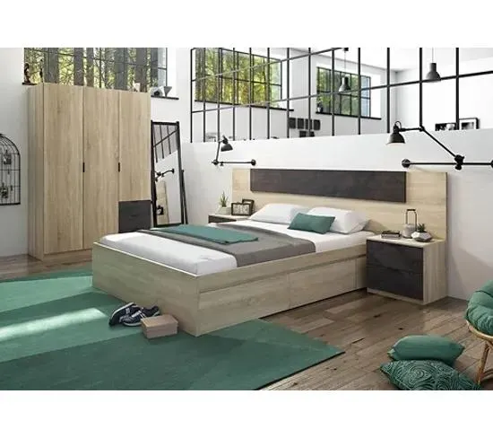 Armoire 3 portes + 3 tiroirs AYALA imitation Chêne et noir