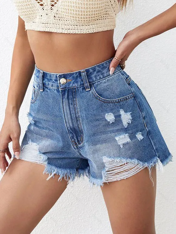 Mini Short Décontracté Déchiré avec Poches en Denim