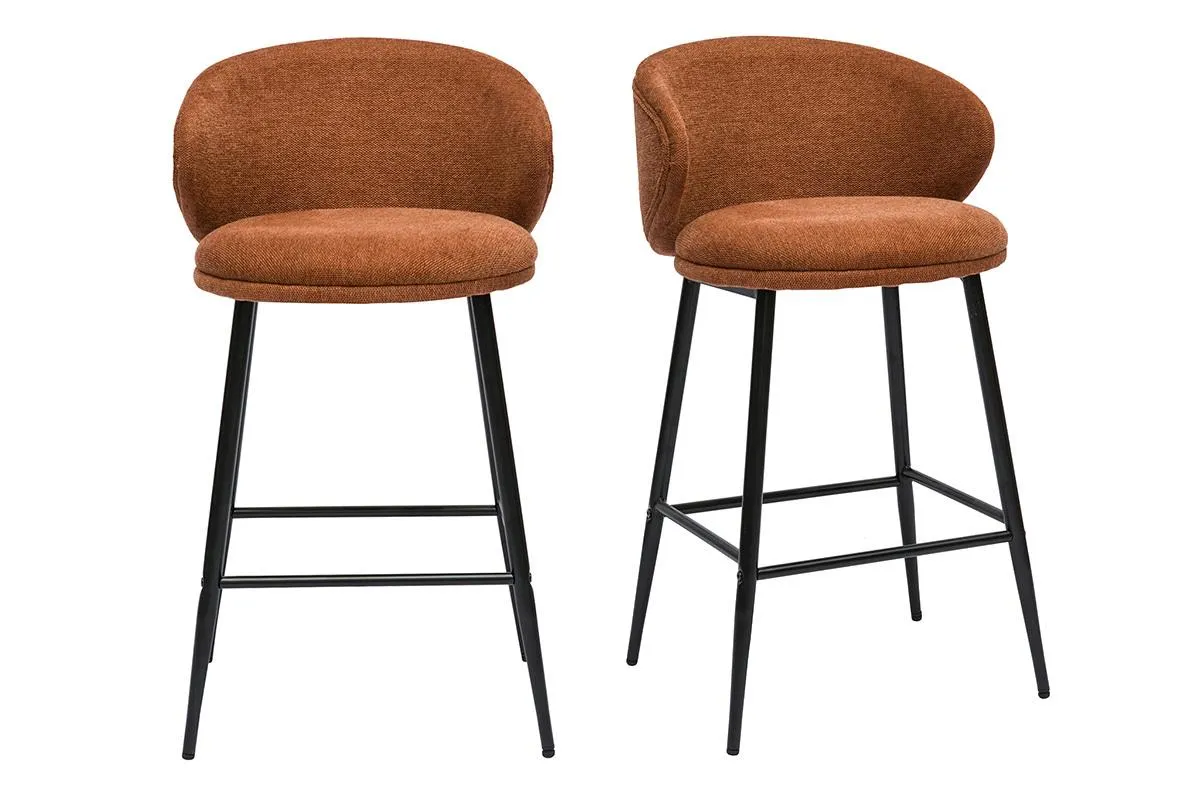 Tabourets de bar design en tissu effet velours texturé terre brûlée et métal noir (lot de 2) ROSALIE