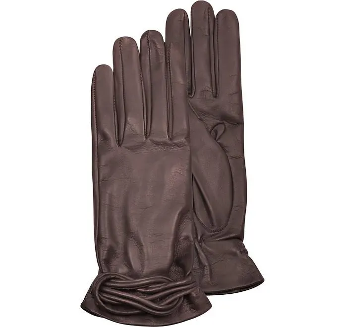 Gants femme en cuir marron avec nœud