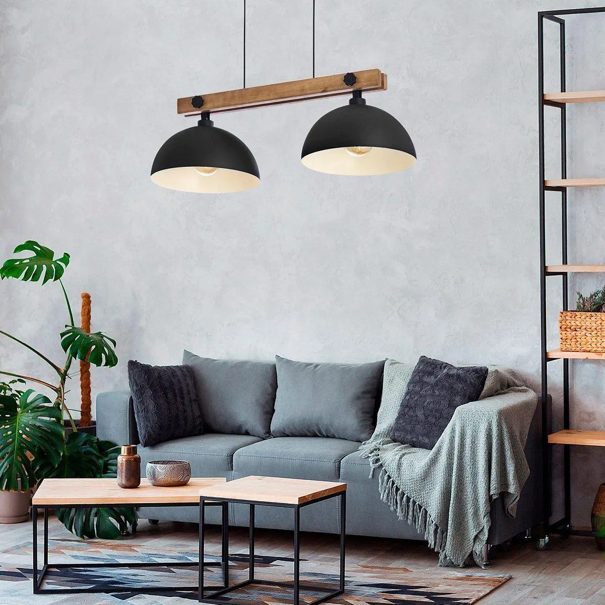 Suspension barre OSLO en métal noir et bois naturel