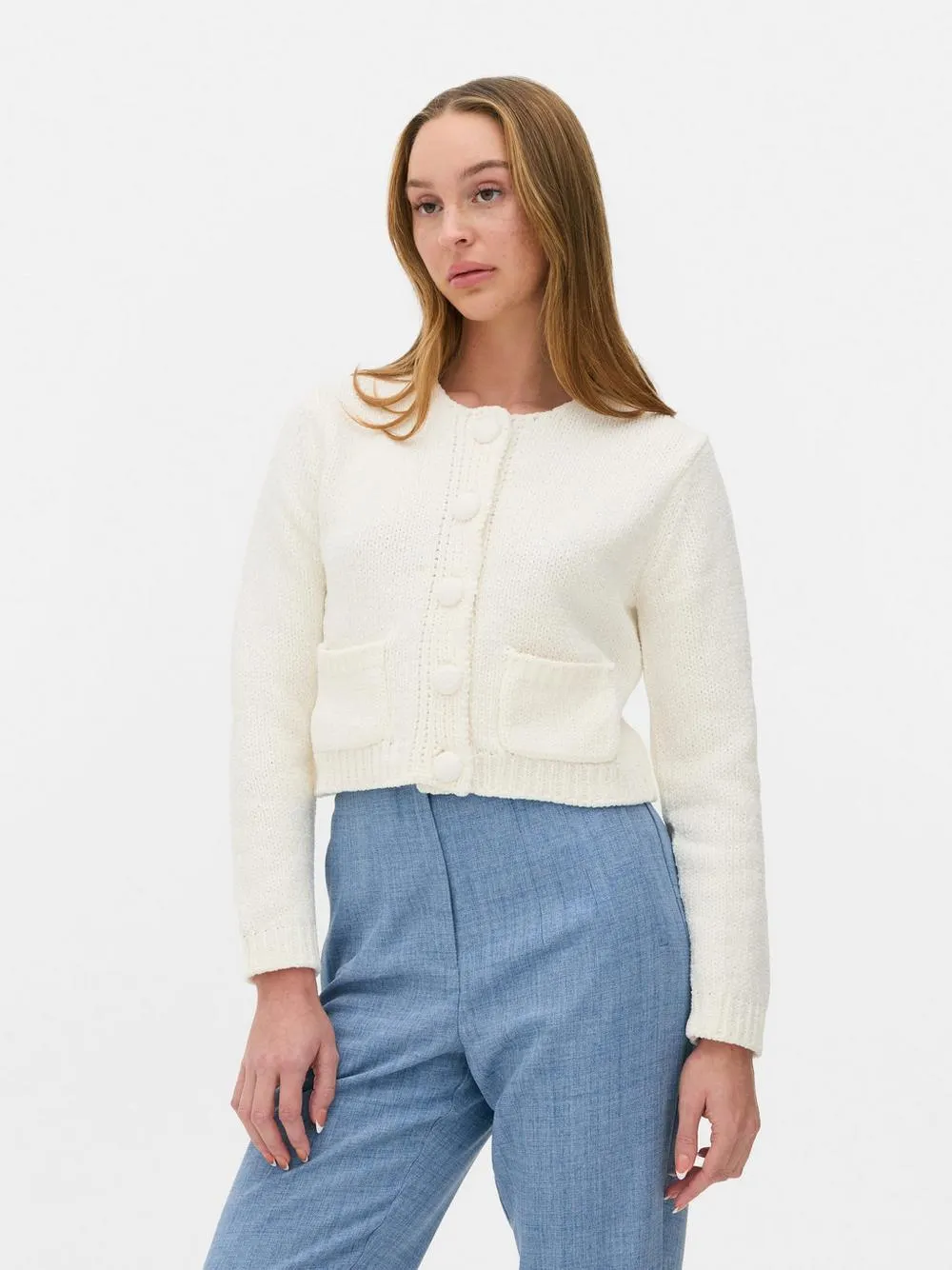 Chenille-Cardigan mit Rundhalsausschnitt