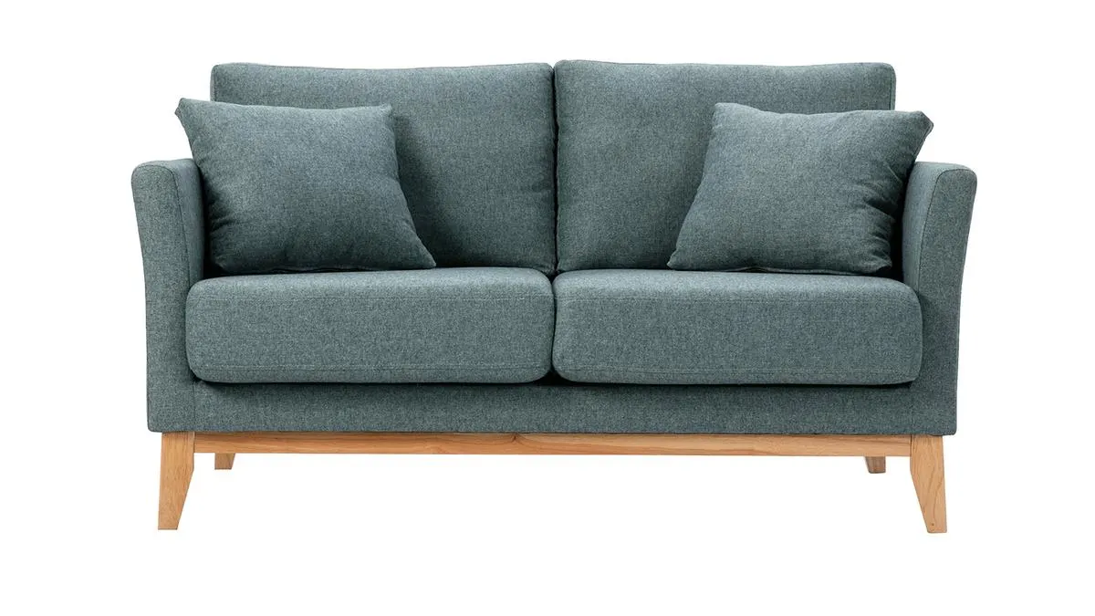 Canapé scandinave déhoussable 2 places en tissu vert de gris et bois clair OSLO