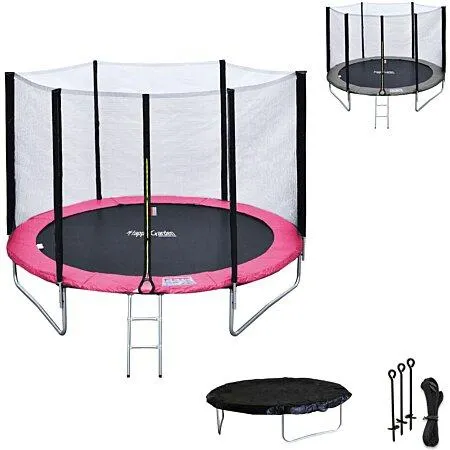 Pack Premium Trampoline 245cm réversible rose / gris CANBERRA + filet, échelle, bâche et kit d'ancrage